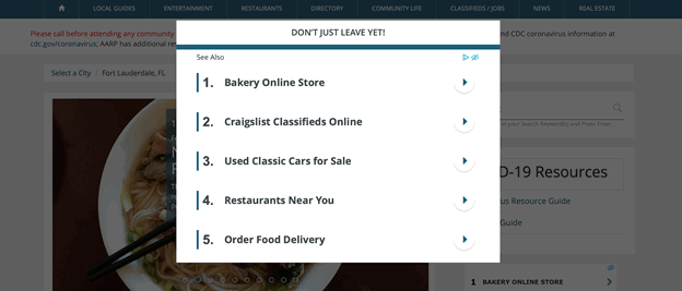A pop-up window on a webpage lists options for users not to leave yet, including Bakery Online Store, Craigslist Classifieds Online, Used Classic Cars for Sale, Restaurants Near You, and Order Food Delivery.