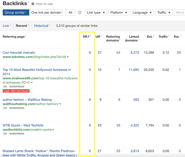 A screenshot of a webpage displaying a table of backlink data including referring page titles, domain ratings (DR), URLs, referring domains, total backlinks, and traffic metrics.