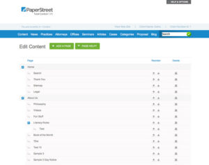 A screenshot of a web page from PaperStreet CMS shows the "Edit Content" section with a list of pages including Home, Philosophy, Videos, and others. Options to add, reorder, or delete pages are available.