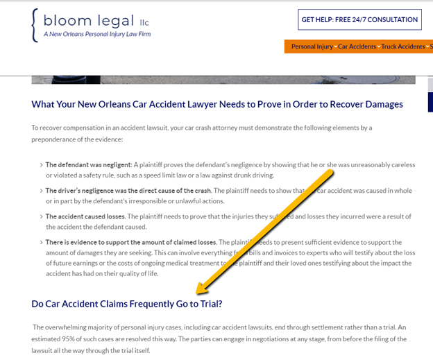 A webpage for Bloom Legal LLC law firm detailing information about car accident lawsuits, with a section on proving damages. An arrow points to the heading "Do Car Accident Claims Frequently Go to Trial?.