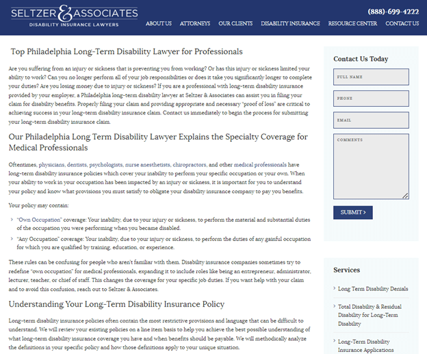 Page from Seltzer & Associated Disability Insurance Lawyers website detailing the "Top Philadelphia Long-Term Disability Lawyer for Professionals"
