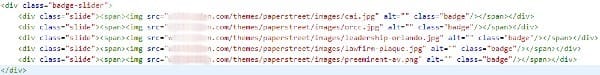 Screenshot of a code snippet for an image carousel. It shows HTML elements with class names, image sources, and text within div tags, including some attributes related to images and labels.