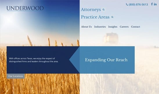 The image is a partial webpage screenshot of a law firm. On the left is a field of wheat with text on their Texas presence; on the right, there's a navigation menu and a slogan "Expanding Our Reach.