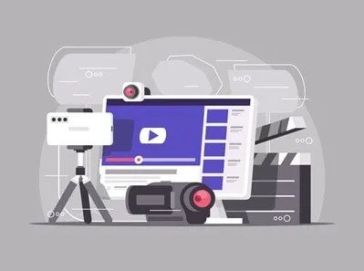 An illustration featuring a YouTube-themed desktop setup with a monitor, camcorder, tripod, studio light, and a clapperboard against a gray background.
