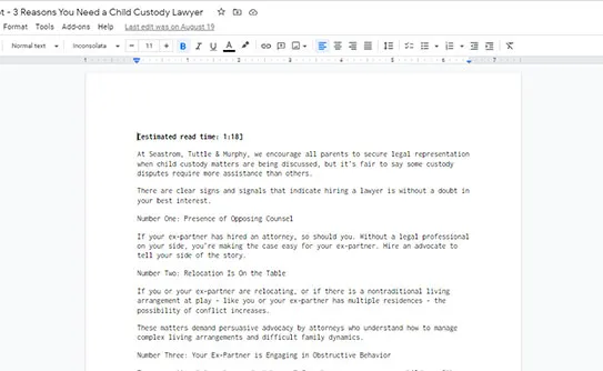 A document titled "3 Reasons You Need a Child Custody Lawyer" displayed on a computer screen, listing clear signs and signals that indicate the necessity of hiring a lawyer for child custody matters.