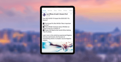 Tablet displaying a webpage from "Law Offices of Leah V. Durant, PLLC" about the impact of COVID-19 on the 2020-2021 flu season, highlighting vaccine information and precautions.