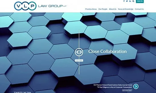 Website homepage for VLP Law Group featuring a blue geometric hexagonal pattern background, a navigation menu at the top, and a "Close Collaboration" headline with a button to watch a video.
