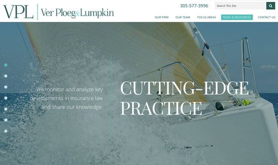 Website homepage for Ver Ploeg & Lumpkin, featuring a sailboat and text promoting their expertise in monitoring and analyzing key developments in insurance law.