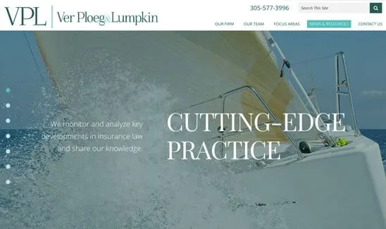 Website homepage for Ver Ploeg & Lumpkin, featuring a sailboat and text promoting their expertise in monitoring and analyzing key developments in insurance law.