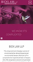 Image of a webpage for Bick Law LLP, featuring a close-up image of a hummingbird, the tagline "We know it's complicated," and a description about the law firm's specialization in environmental law.
