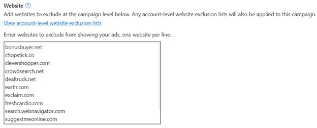 A screenshot of a website exclusion list interface. The user can add websites to exclude from their ads at the campaign level, with a list of websites already entered shown on the screen.
