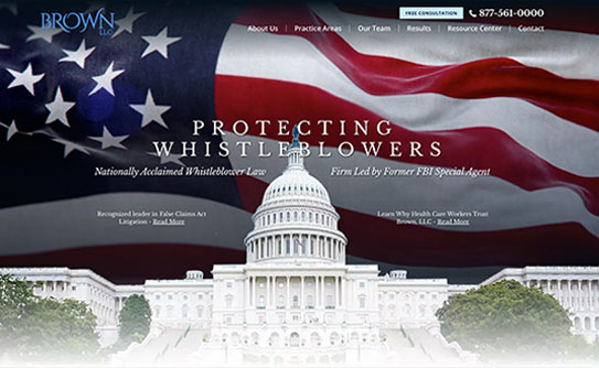 Website homepage banner for Brown LLC, featuring an image of the U.S. Capitol and an American flag, with text highlighting their focus on Whistleblower Law and led by a former FBI special agent.