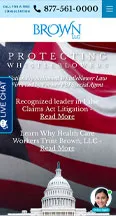 A screenshot of the Brown LLC website, prominently featuring contact information, a banner about whistleblower law, litigation services, and live chat support. An American flag is visible in the background.