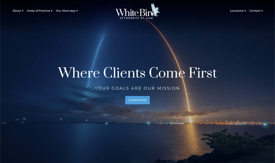 Homepage of WhiteBird Attorneys at Law, featuring a nighttime landscape with a rocket launch. Text reads "Where Clients Come First. Your Goals Are Our Mission." with a "Learn More" button.