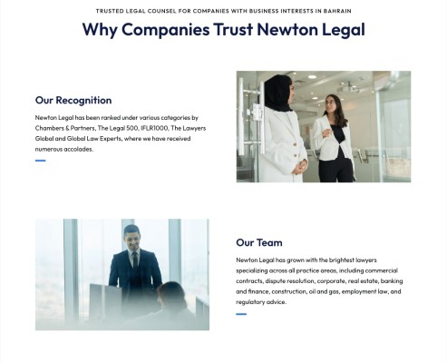 A webpage showcasing reasons why companies trust Newton Legal, featuring two sections: "Our Recognition" and "Our Team," with accompanying images of professionals in business settings.