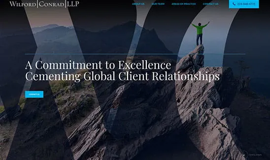 A person stands triumphantly on a mountain peak, with text overlay reading "A Commitment to Excellence Cementing Global Client Relationships" and the Wilford Conrad LLP logo.
