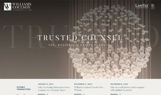 Website homepage for Williams Coulson featuring the tagline "Trusted Counsel" with a focus on tax, business, and estate planning. Includes news updates and notable transactions at the bottom.