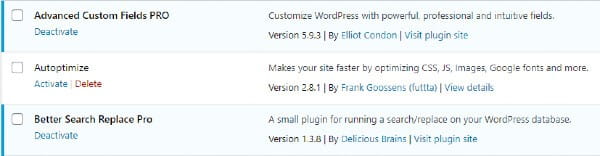 Screenshot of WordPress plugins page displaying three plugins: "Advanced Custom Fields PRO," "Autoptimize," and "Better Search Replace Pro," with options to activate, deactivate, or delete each.