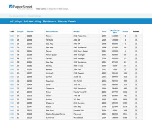 Screenshot of a boat inventory management webpage by PaperStreet featuring a list of vessel listings with details such as stock number, manufacturer, model, year, minimum bid, and options to edit, view, or delete each entry.