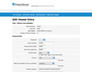 A website page titled "Edit Vessel Entry" displaying information fields related to a vessel, including stock number, date added, times viewed, and general info such as price, country, and override options.
