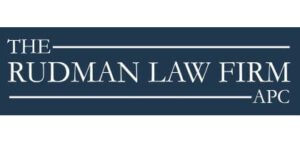 Logo of The Rudman Law Firm, APC, featuring white text on a dark blue background.