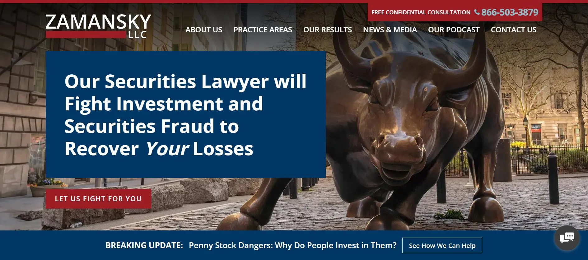 Website banner for Zamansky LLC with an overlay text: "Our Securities Lawyer will Fight Investment and Securities Fraud to Recover Your Losses." Background image features Wall Street’s Charging Bull statue.