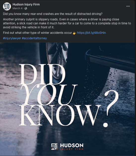Text image from Hudson Injury Firm explaining that rear-end crashes can result from distracted or slippery road conditions. Provides a link to learn more about winter accident types. Tags: #injurylawyer #accidentattorney.