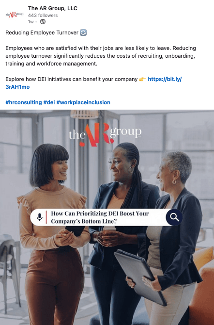 An office setting with three diverse professionals smiling and conversing. The poster discusses reducing employee turnover through job satisfaction and DEI initiatives. There’s a link provided for more information.