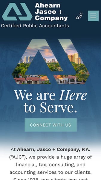 Website homepage of Ahearn, Jasco + Company, P.A., advertising Certified Public Accountants with a message "We are Here to Serve." and a button labeled "Connect With Us.