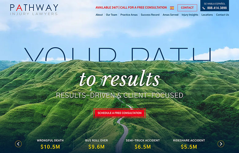 The homepage of Pathway Injury Lawyers, showcasing a scenic landscape with green hills, now highlights their services and successful case results on the newly launched PaperStreet Law Firm website. Contact information and scheduling options are readily provided.