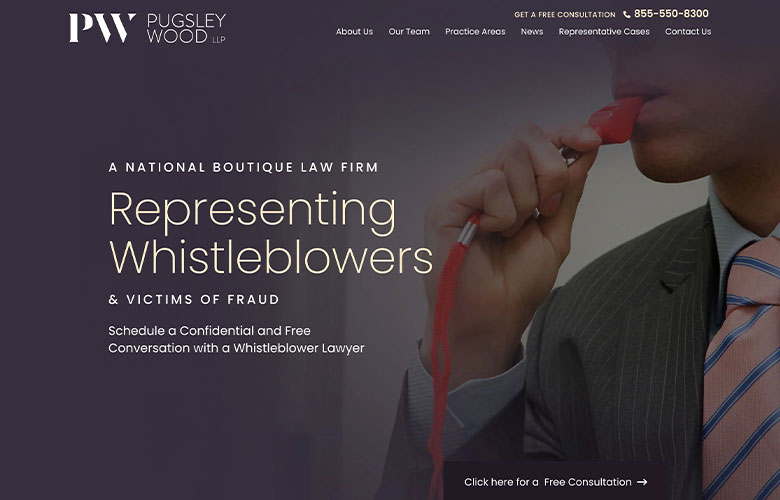 A website screenshot showing Pugsley Wood LLP's homepage. The banner text reads "Representing Whistleblowers & Victims of Fraud." A person is blowing a whistle in the background image.