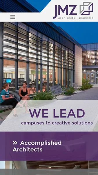 Outdoor scene at a modern building with large windows, two people seated on benches. Captions highlight "We lead campuses to creative solutions" and "Accomplished Architects." JMZ logo is at the top.