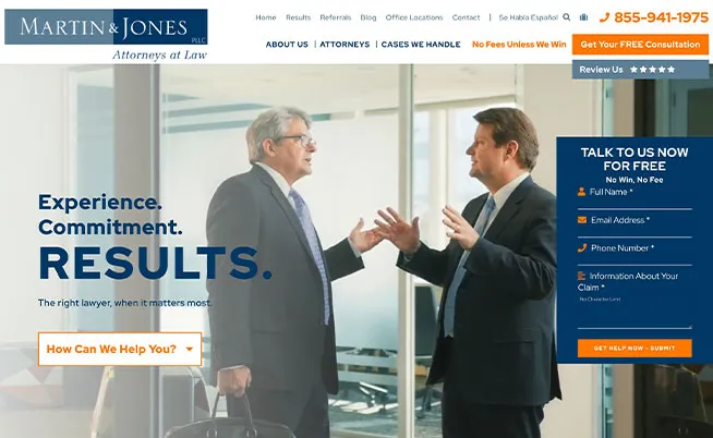 Two men in business attire are having a discussion in a law office. The website banner reads "Experience. Commitment. RESULTS." Contact information and a call to action are also visible.