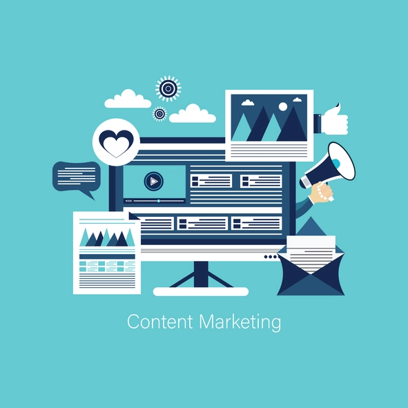 Illustration of a computer screen surrounded by icons representing content marketing, including a megaphone, chat bubbles, images, a heart, thumbs up, and an envelope on a blue background.