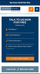 A mobile webpage of a law firm offering a contact form to discuss claims. Fields include Full Name, Email Address, Phone Number, and Information About Your Claim. Contact number and call button also visible.
