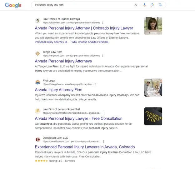Google search results page with links to various law firms specializing in personal injury in Arvada, Colorado. Listings include firm names, brief descriptions, contact information, and ratings.