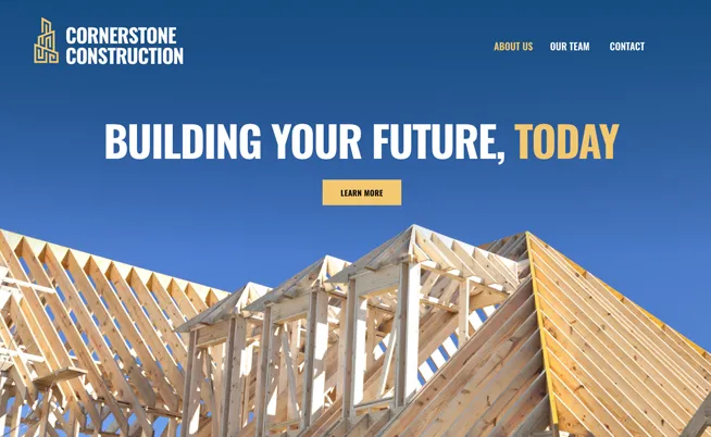 Image of a construction company's website header showing a logo, navigation menu, and slogan "Building Your Future, Today" over a photo of wooden frames for building structures against a blue sky.