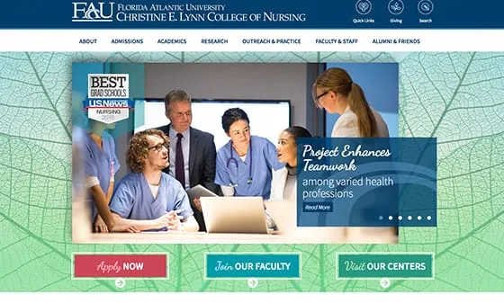 Website homepage for Florida Atlantic University's Christine E. Lynn College of Nursing, featuring navigation links, a news headline about teamwork enhancement, and buttons to apply, view faculty, and visit centers.