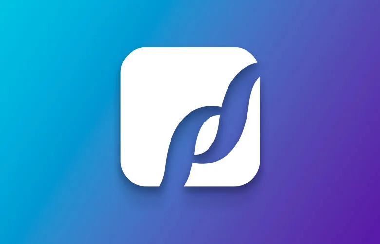 A white, rounded square logo with an abstract S-shaped design on a gradient blue and purple background.