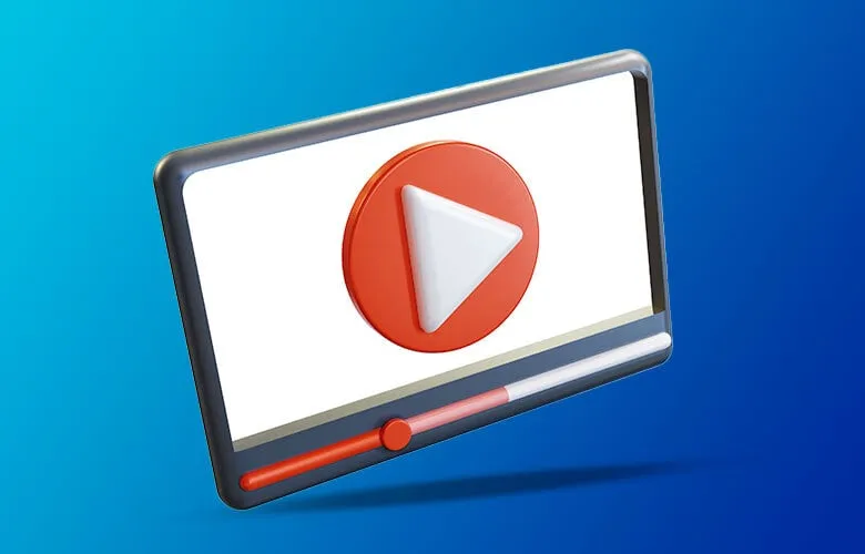 A 3D illustration of a video play button in red and white displayed on a gray rectangular screen with a progress bar, set against a blue gradient background.