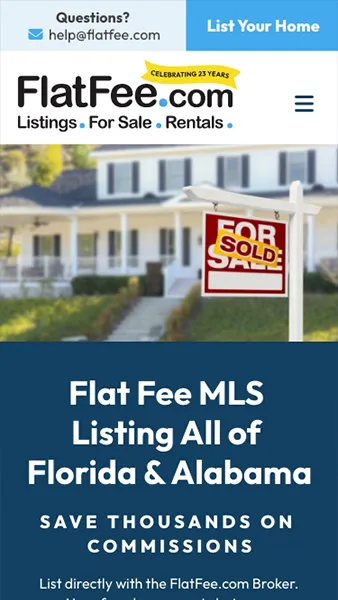 Real estate advertisement for FlatFee.com, offering MLS listings for Florida and Alabama, with a "For Sale" sign in front of a house. Includes contact information and mention of saving on commissions.