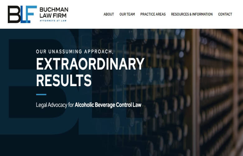Website header for Buchman Law Firm, highlighting their "Unassuming Approach, Extraordinary Results" in Legal Advocacy for Alcoholic Beverage Control Law. Includes navigation links at the top.