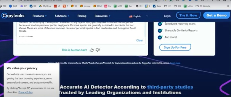 Screenshot of a webpage from Copyleaks, showing menu options, and a privacy policy pop-up, with text discussing AI detection and legal information.