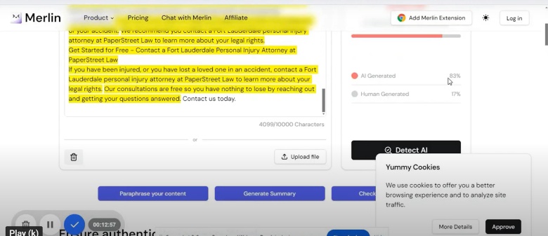 A screenshot shows a highlighted section of text on a website discussing legal consultations, with a browser popup for cookie consent and a text analysis tool indicating content generation percentages.