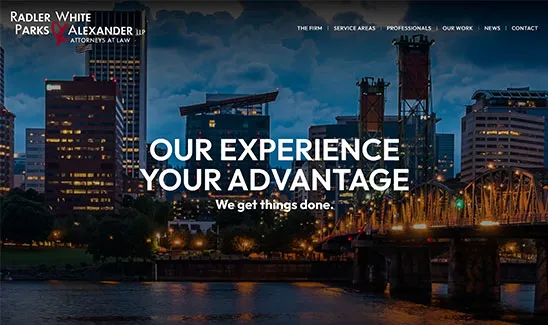 City skyline at dusk with the text "Our Experience, Your Advantage" displayed prominently. The header includes the law firm's name, Radler White Parks Alexander LLP, and various navigation menu items.