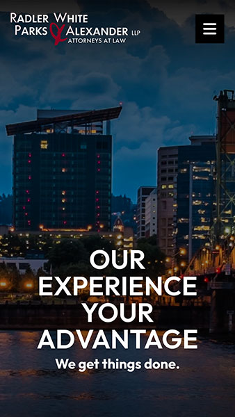 Image of a cityscape at dusk with a law firm's advertisement. The ad features the firm name "Radler White Parks Alexander LLP" and the slogan "Our Experience Your Advantage. We get things done.