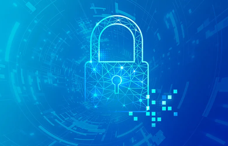 A digital padlock icon with a network pattern overlay is displayed on a blue technological background with circular and pixel elements.