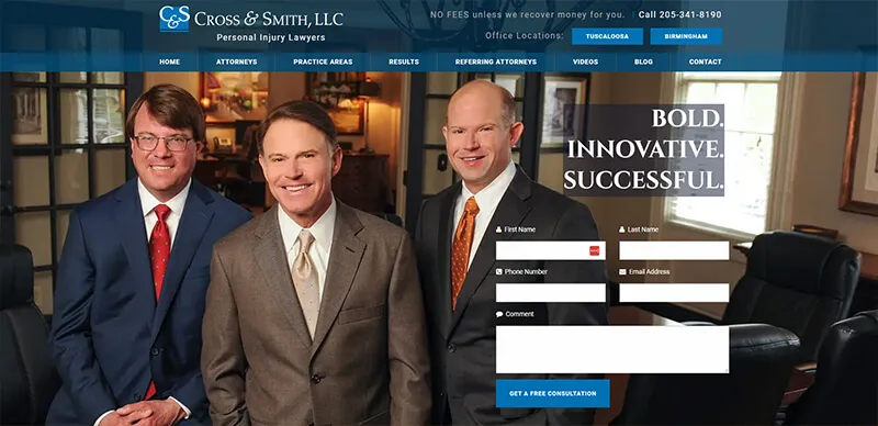 Three men in suits stand in an office environment next to a contact form for Cross & Smith, LLC Personal Injury Lawyers, with the slogan "Bold. Innovative. Successful." displayed prominently.