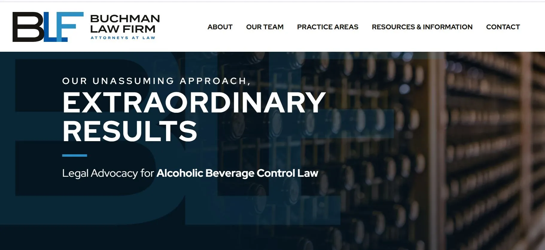 Buchman Law Firm website homepage highlighting expertise in alcoholic beverage control law.