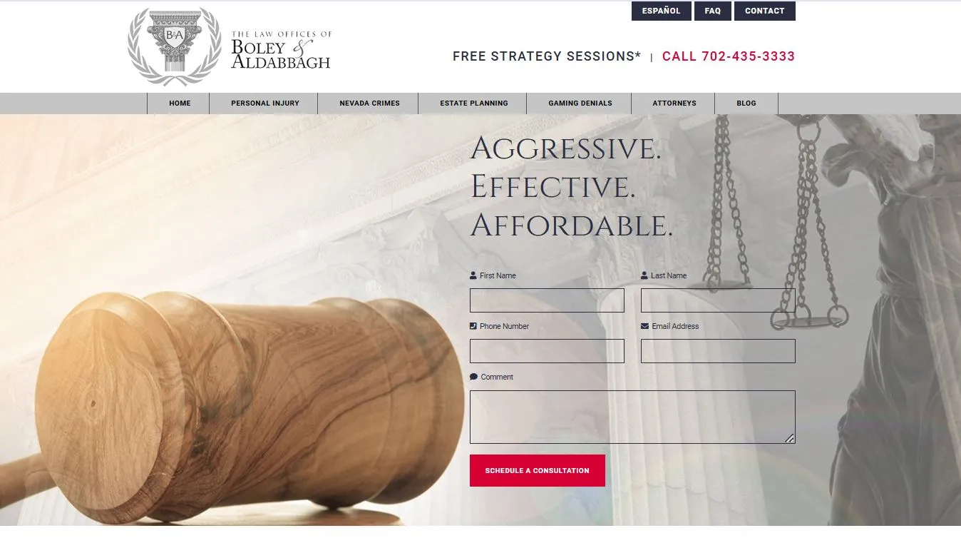 Wooden gavel, scales of justice, and a legal consultation form on a law firm's website homepage.